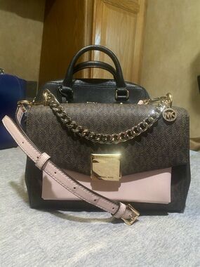 Michael Kors Brown Logo Satchel with Pale Pink Accent & Gold Hardware